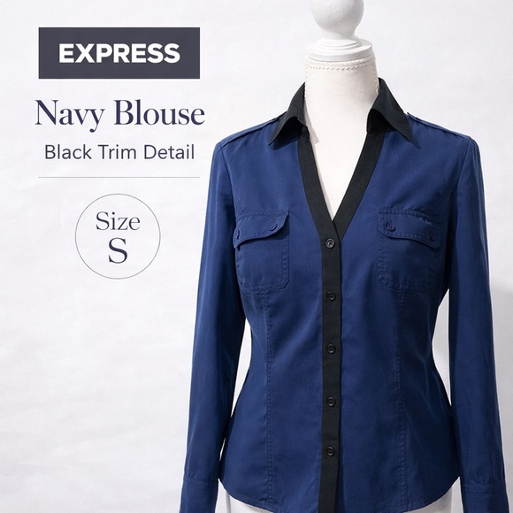 Express Tops - EXPRESS Navy Button Down Blouse Black Trim Stretch Shirt Size S